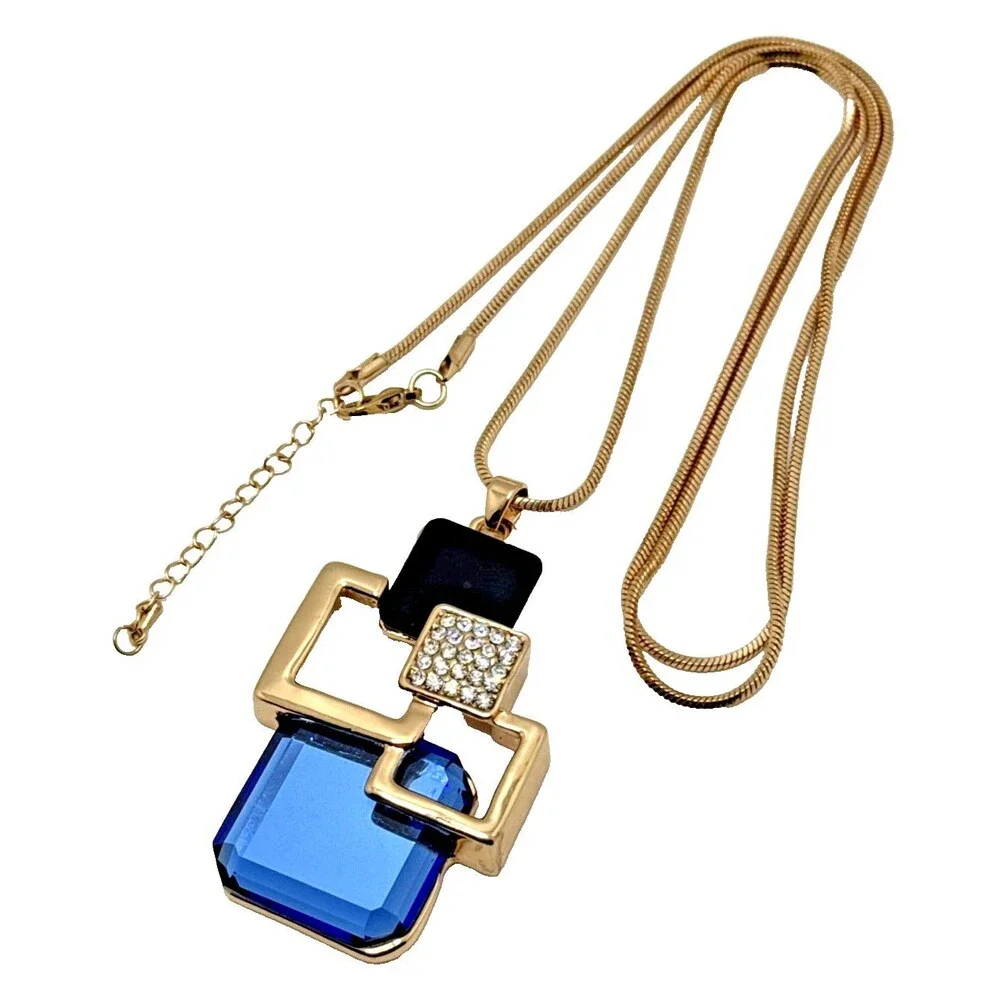 NEW Modernist Geometric Square Statement Necklace Blue Crystal Accents 32
